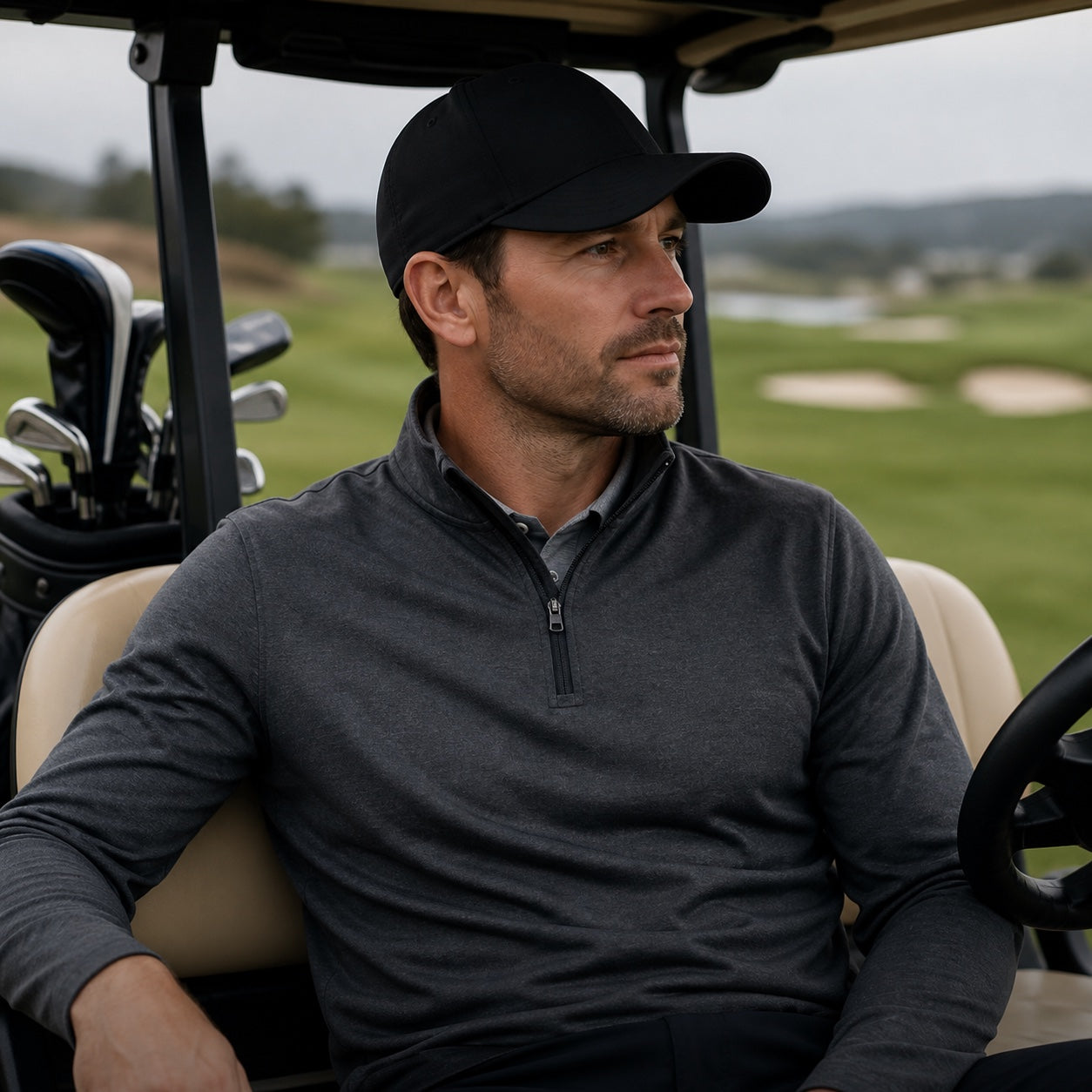 Golfer wearing a black performance hat