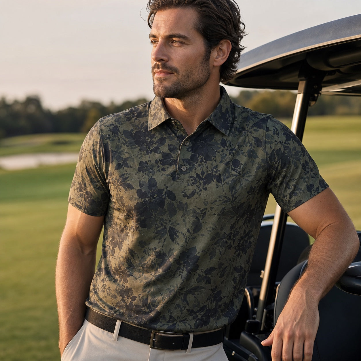 Golfer wearing an olive floral polo