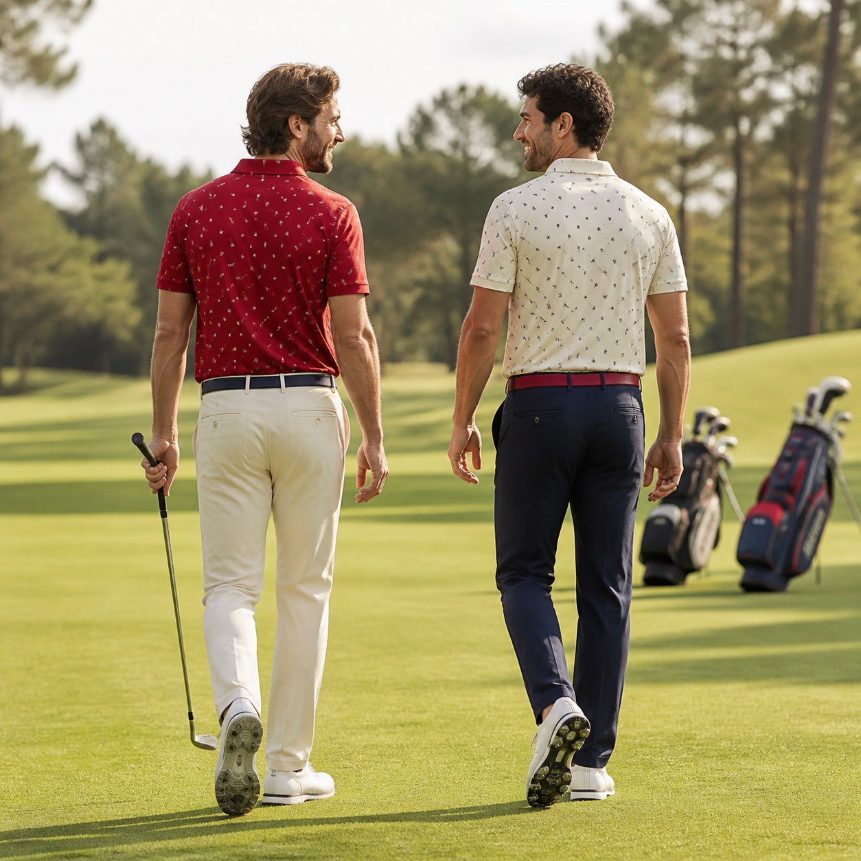 Two golfers wearing red, cream and navy polos